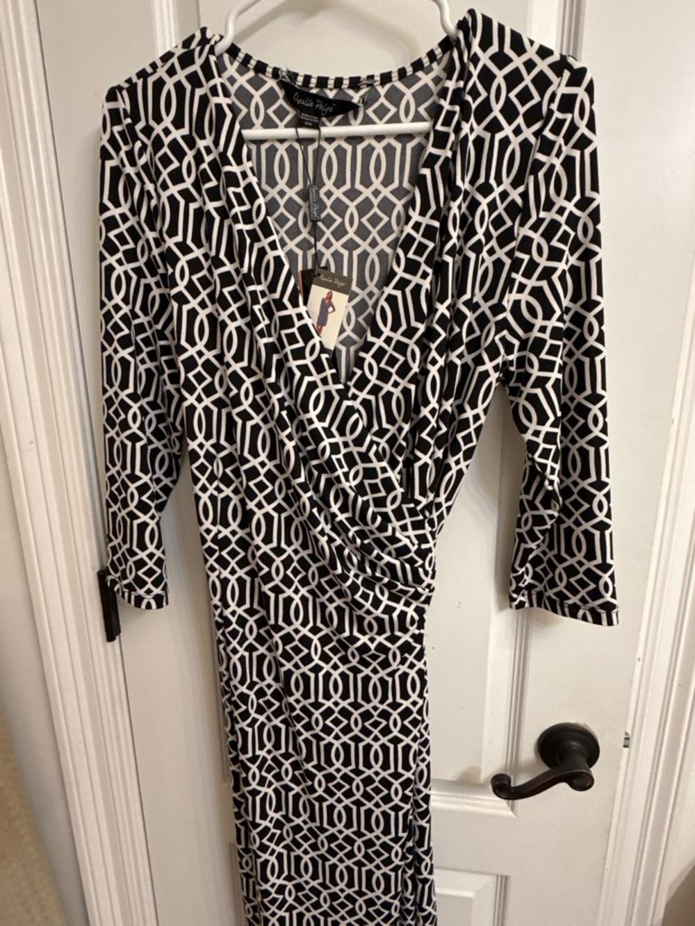 White and Black Geometric Wrap Dress by Taylor Dresses